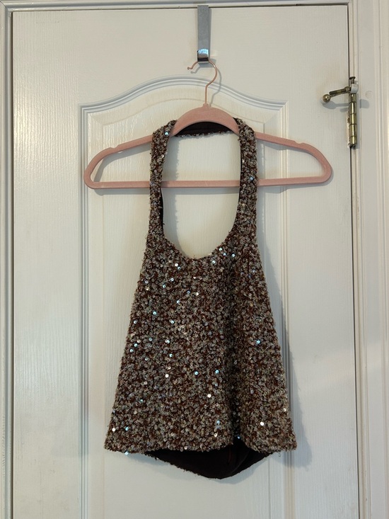 SIEDRES Tops - Siedres Juli Fitted Sequin Halter Tank Top in Brown